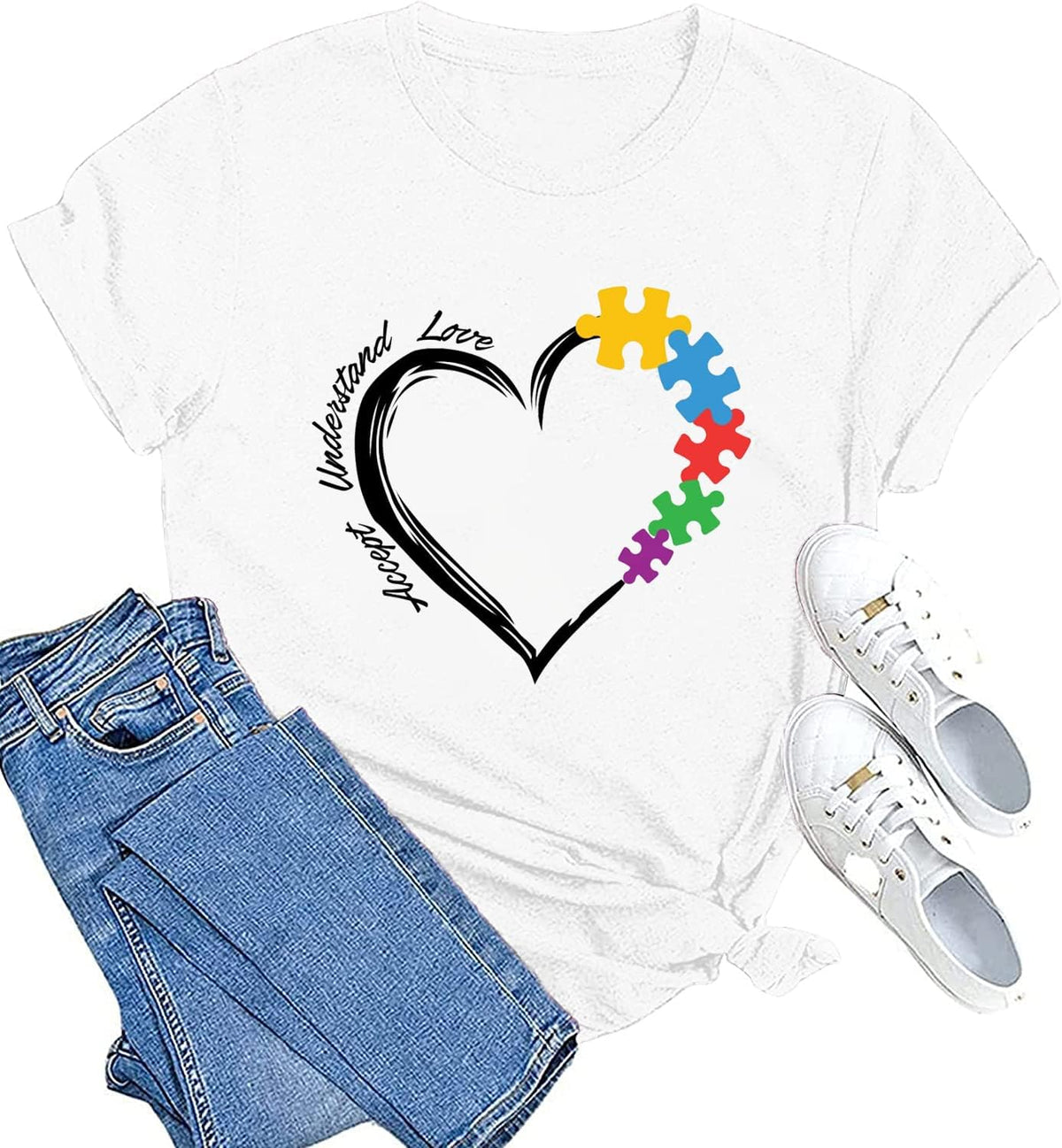 Autism Teacher Shirt Women's Autism Awareness Tshirt Accept Understand Love Tee Puzzle Piece Graphic Short Sleeve Top